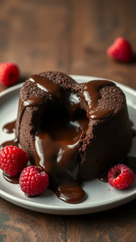 A heart-shaped chocolate lava cake with raspberry sauce and fresh raspberries on a plate.