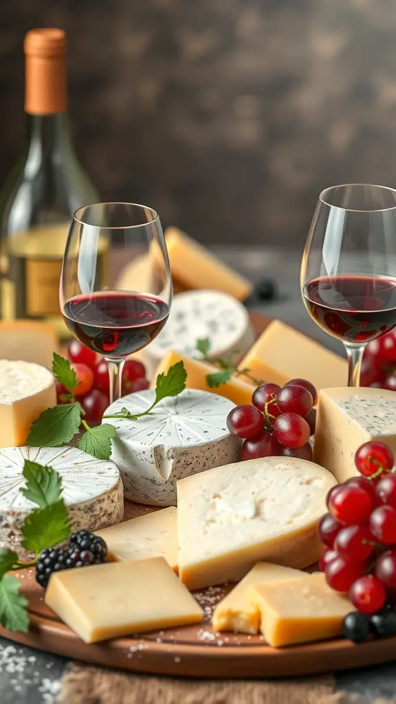 A selection of Italian cheeses with red wine and grapes on a wooden platter.