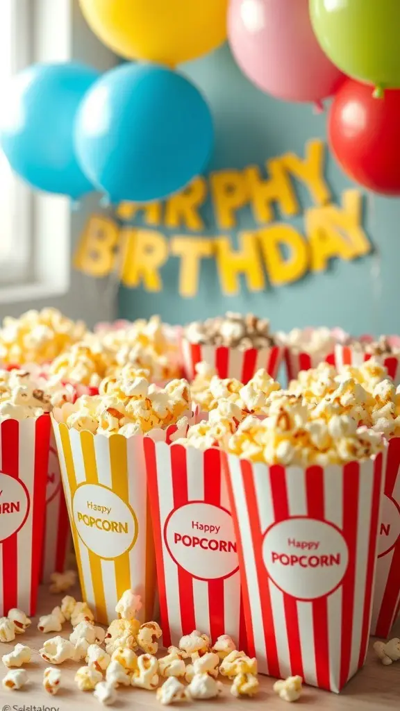 Colorful popcorn containers filled with popcorn at a birthday party, with balloons and a birthday banner in the background.