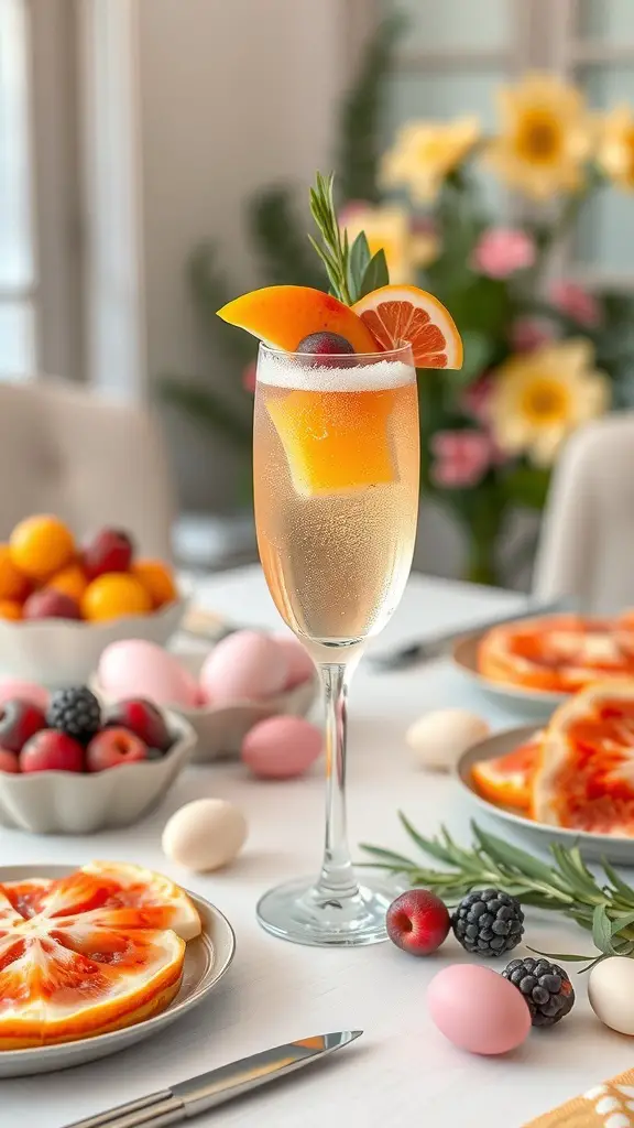 A glass of mimosa garnished with fresh fruit, surrounded by colorful eggs and fruit plates.