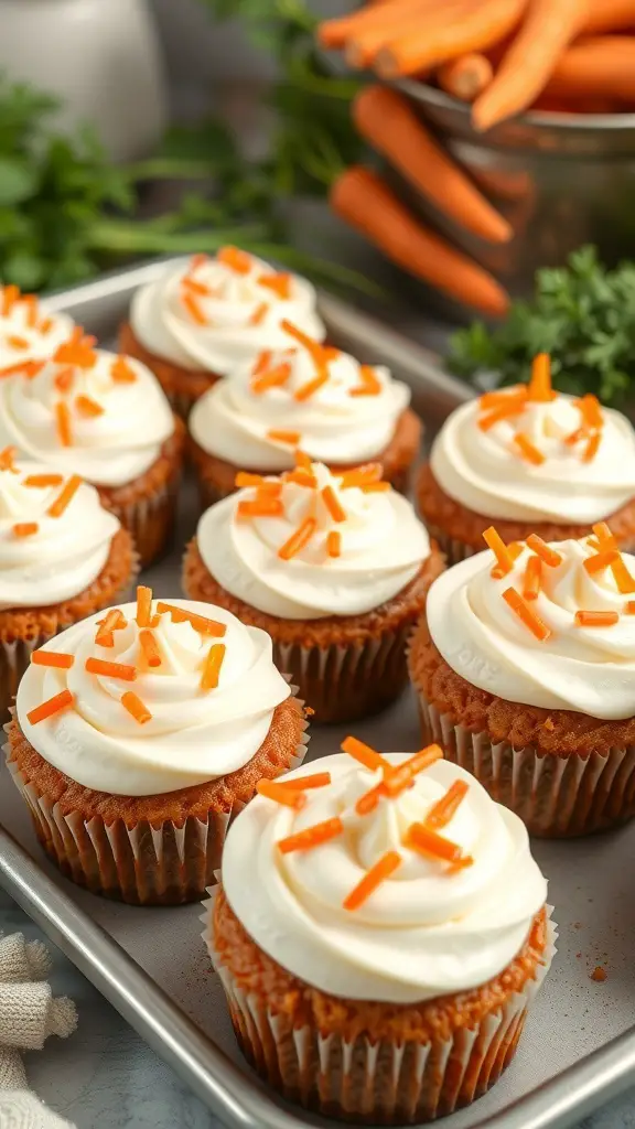 A tray of carrot cake cupcakes with cream cheese frosting and orange sprinkles, with fresh carrots in the background.