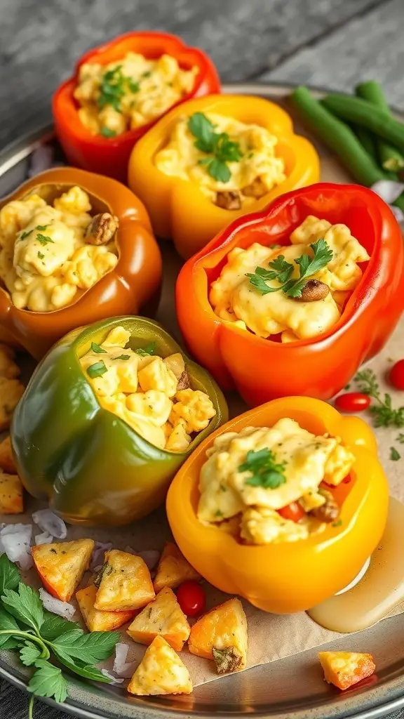 Colorful stuffed breakfast peppers filled with scrambled eggs and vegetables on a serving platter.