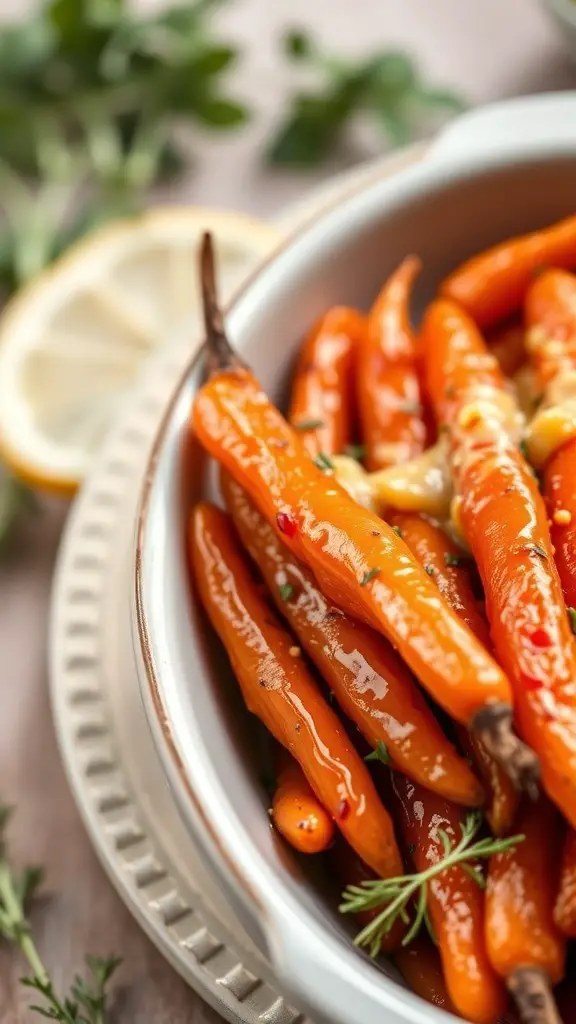 A bowl of citrus glazed carrots with a lemon slice and herbs