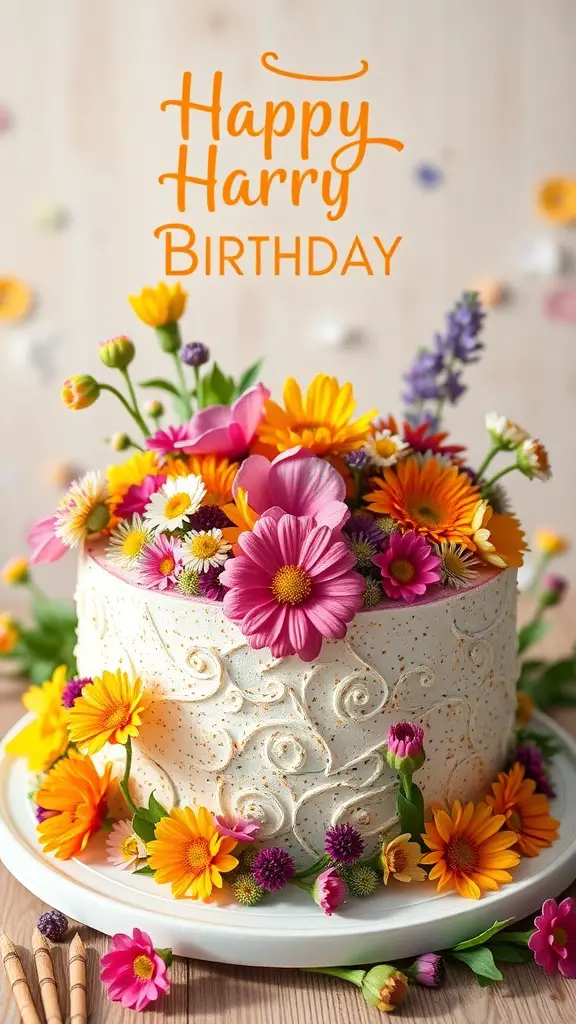A beautifully decorated wildflower birthday cake with colorful flowers and a cheerful message.