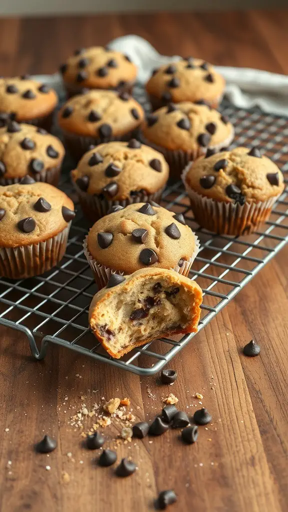 Freshly baked chocolate chip muffins on a cooling rack, with one muffin cut in half to show the chocolate chips inside.