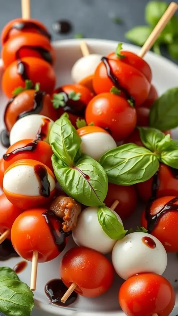 Caprese salad skewers with cherry tomatoes, mozzarella balls, and basil leaves drizzled with balsamic glaze.