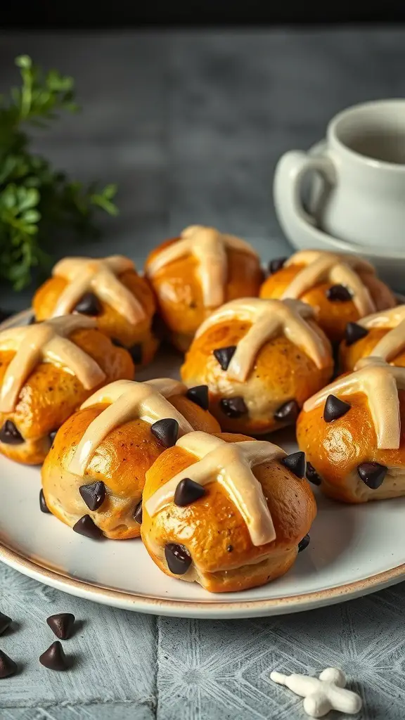 A plate of Chocolate Chip Hot Cross Buns with chocolate chips and icing crosses.