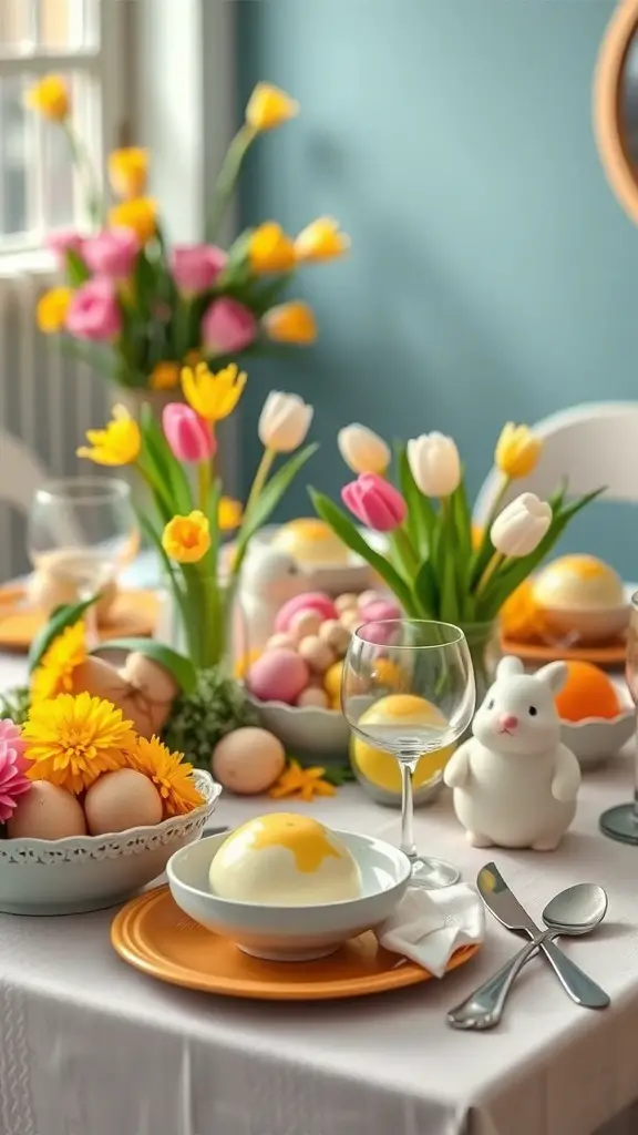 A beautifully set Easter dinner table with colorful flowers, eggs, and a bunny figurine.