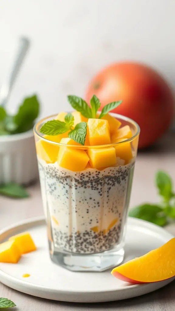 A glass of mango chia pudding topped with fresh mango cubes and mint leaves, with a whole mango in the background.
