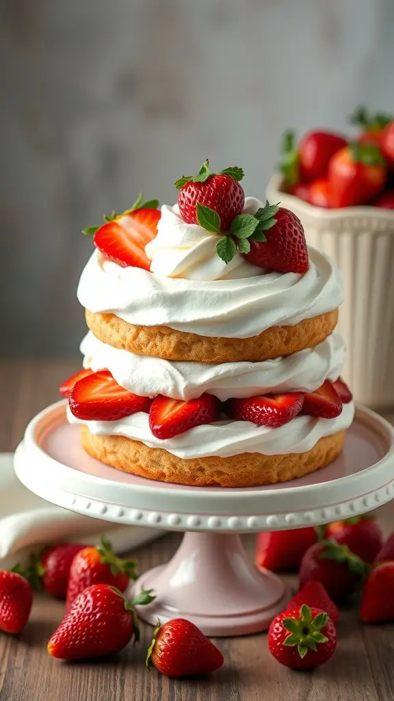A layered strawberry shortcake topped with fresh strawberries and whipped cream, displayed on a pink cake stand.