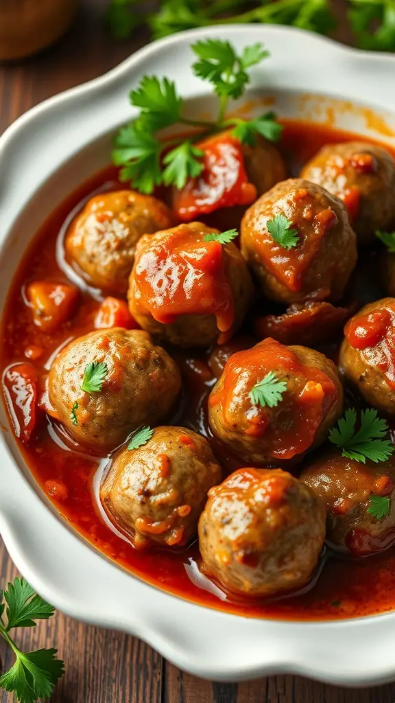 A bowl of savory meatballs in tangy sauce, garnished with fresh herbs.