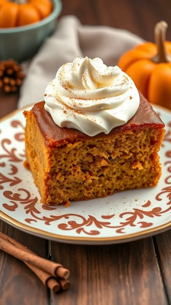 A slice of gluten-free pumpkin spice cake topped with whipped cream and cinnamon, served on a decorative plate with pumpkins in the background.