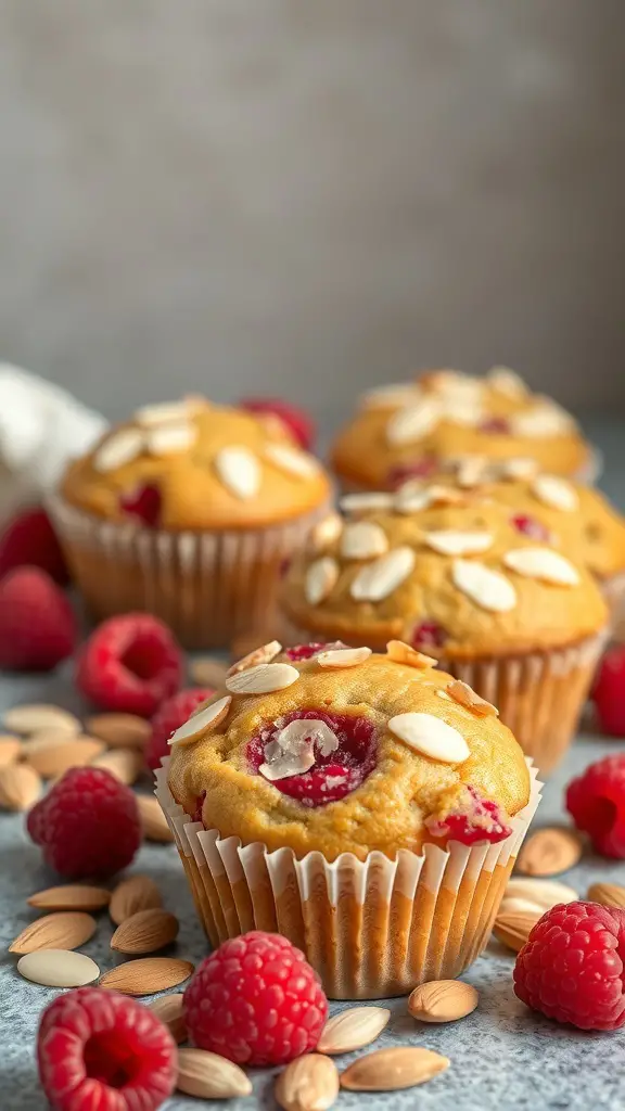 Freshly baked raspberry almond muffins with slivered almonds on top, surrounded by raspberries and almonds.