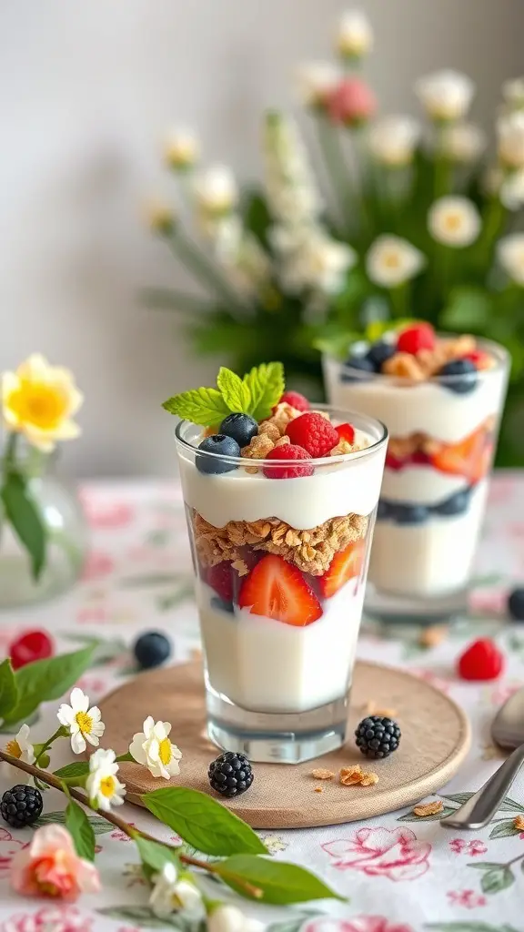 Colorful fruit and yogurt parfaits with granola, served in clear glasses