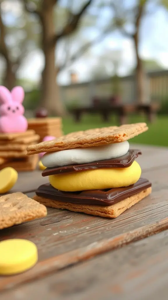 Colorful Peep S'mores with graham crackers and chocolate