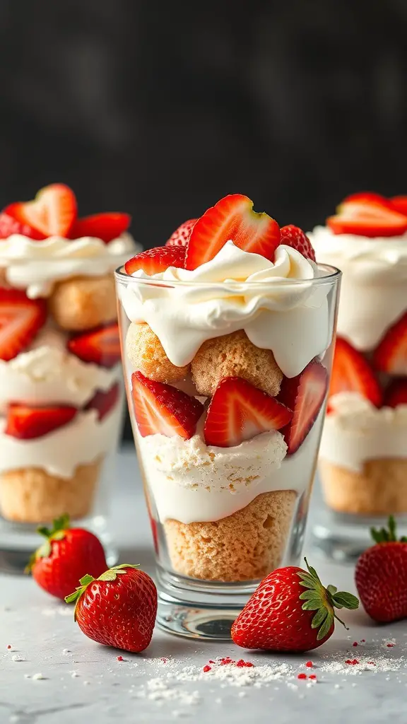 Delicious strawberry shortcake parfaits in clear glasses, topped with fresh strawberries and whipped cream.