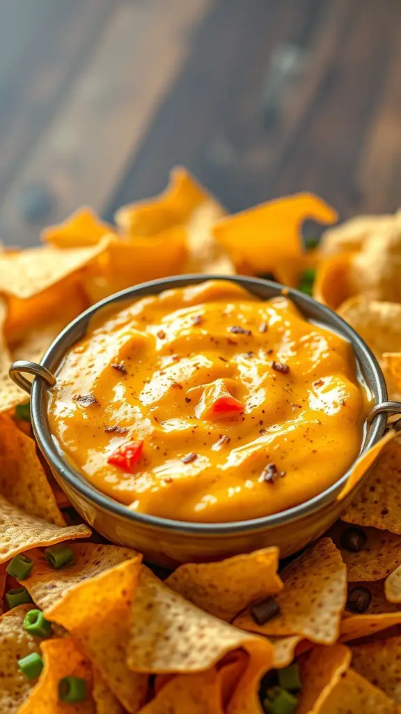 A bowl of spicy nacho cheese dip surrounded by tortilla chips