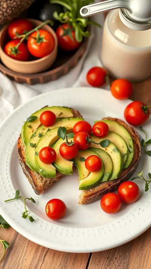 Heart-shaped avocado toast topped with cherry tomatoes on a white plate