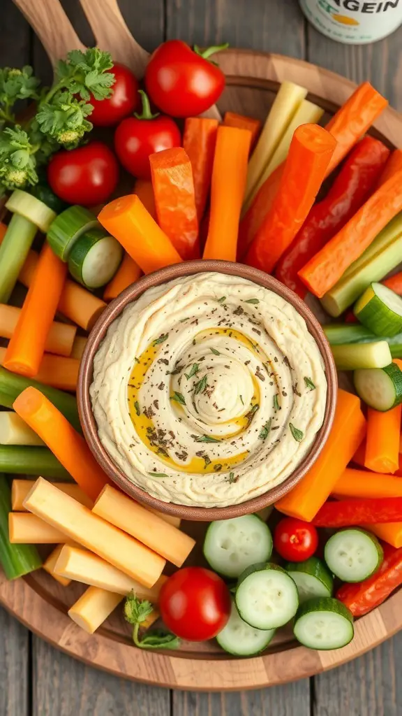 A bowl of herbed hummus surrounded by colorful vegetable sticks including carrots, cucumbers, and bell peppers.