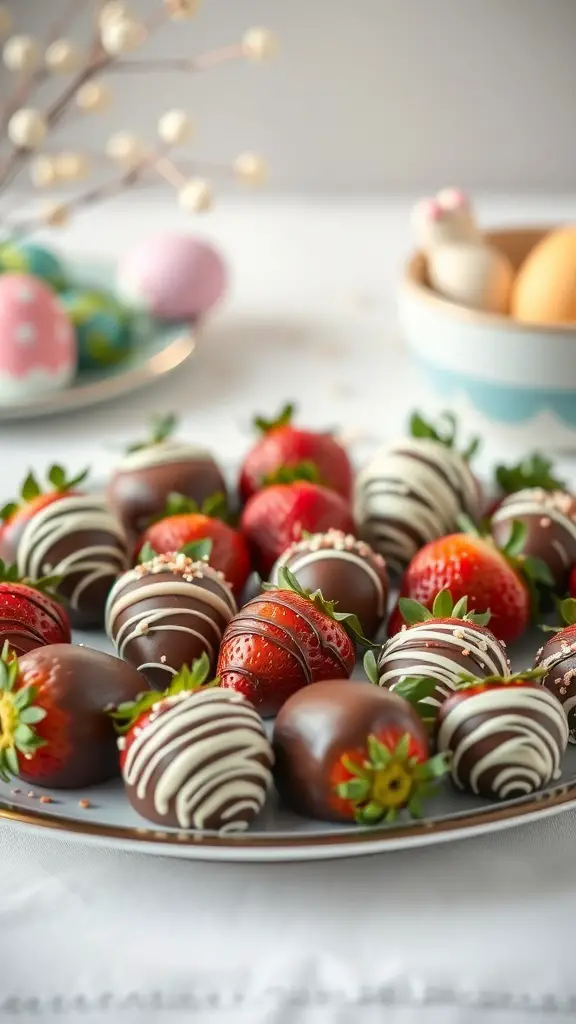 A plate of chocolate-covered strawberries decorated with white chocolate drizzle and sprinkles.