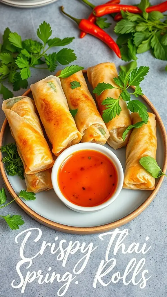 A plate of crispy Thai spring rolls served with a dipping sauce, garnished with fresh herbs and chili.