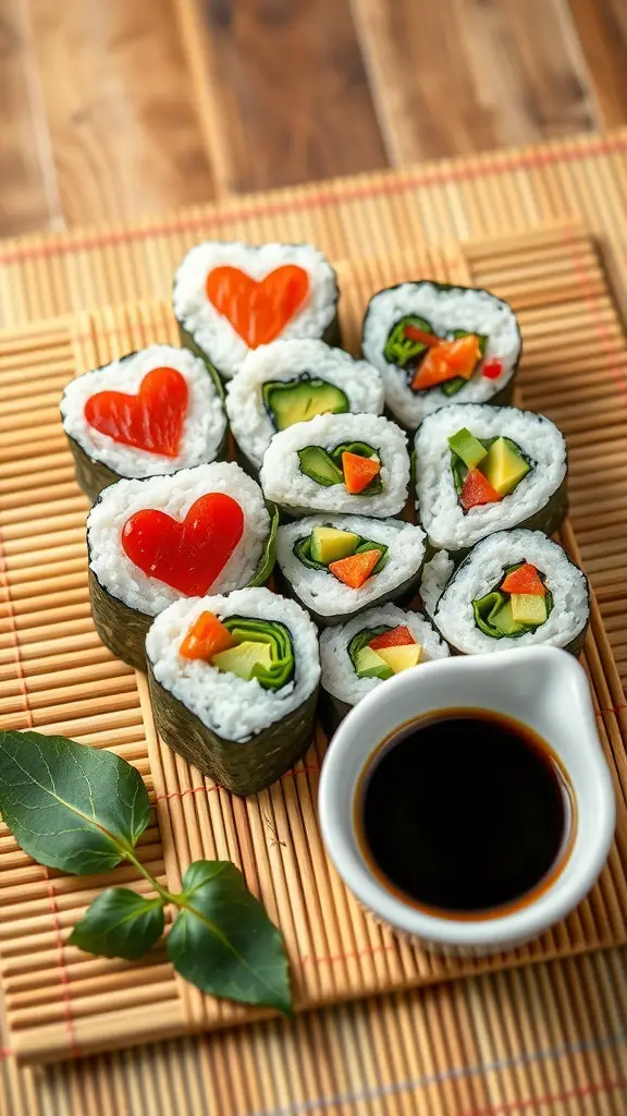 A plate of heart-shaped vegetable sushi rolls with a small bowl of soy sauce