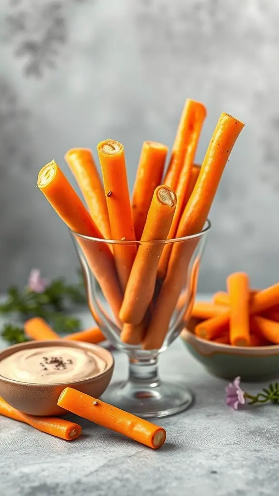 A glass filled with carrot sticks and a bowl of tahini dip on a table.