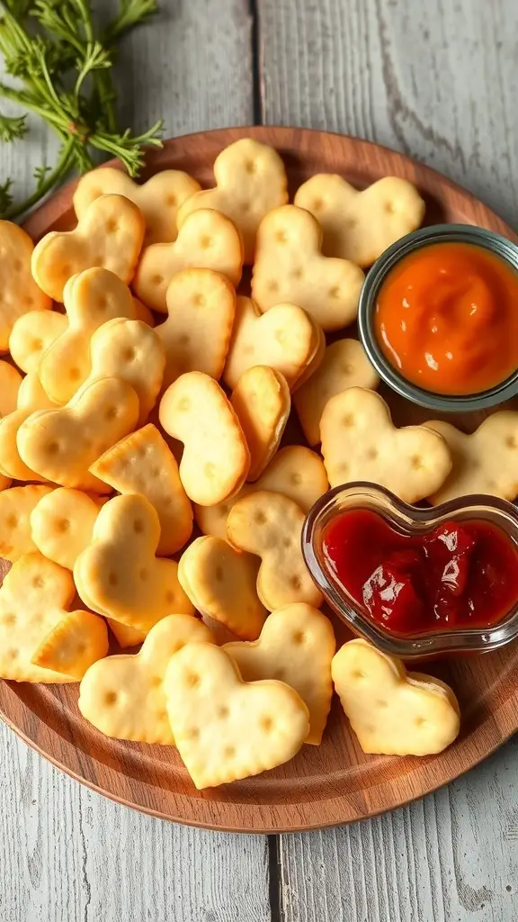 A plate of heart-shaped cheesy crackers with ketchup and a sweet dip
