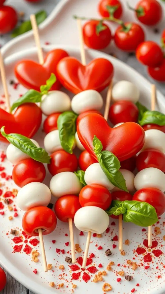 Heart-shaped Caprese skewers with cherry tomatoes, mozzarella balls, and basil on a plate