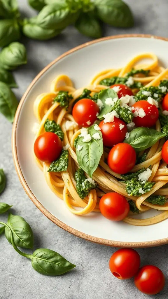 A plate of basil pesto pasta topped with cherry tomatoes and fresh basil leaves.