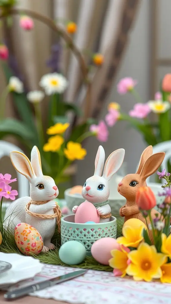 Charming bunny figurines with colorful eggs and flowers on an Easter table