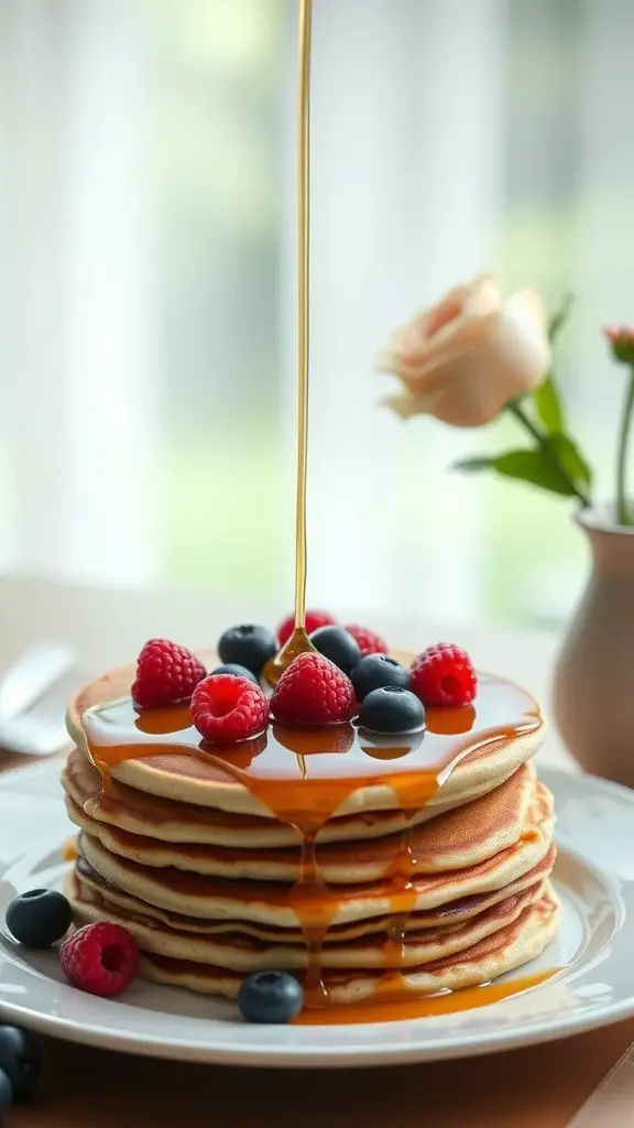 A stack of heart-shaped pancakes topped with fresh raspberries and blueberries, drizzled with syrup.