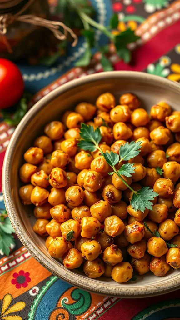 A bowl of spicy roasted chickpeas garnished with parsley on a colorful patterned tablecloth.