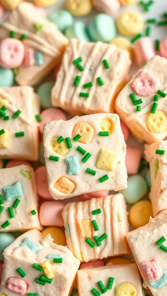 Colorful Lucky Charms Marshmallow Treats with green sprinkles