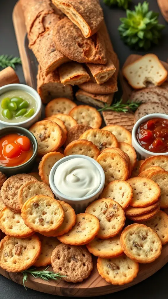 A variety of artisan crackers and bread arranged on a wooden board, accompanied by dips.