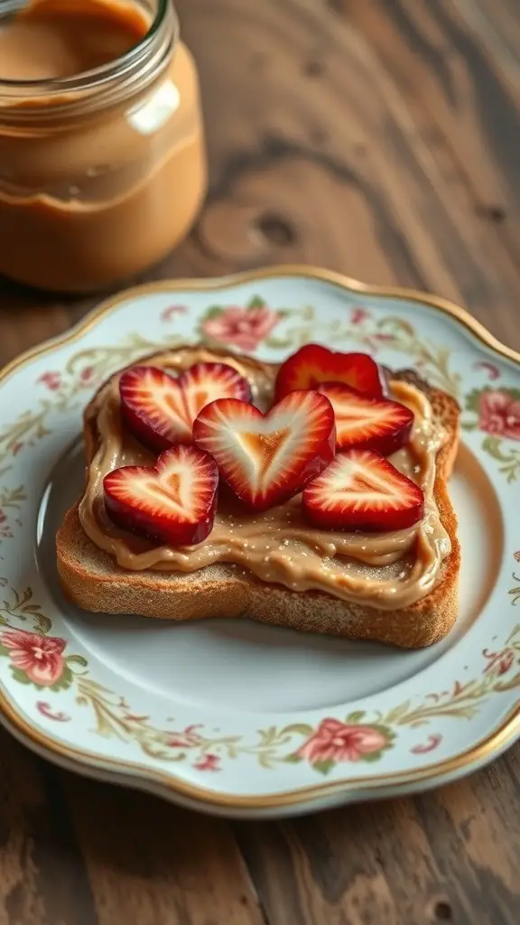 Toast with nut butter and heart-shaped strawberry slices on a decorative plate