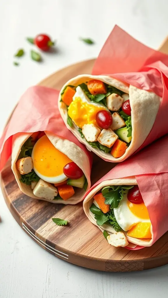Three colorful breakfast burritos filled with eggs, vegetables, and garnished with cherry tomatoes, served on a wooden platter.