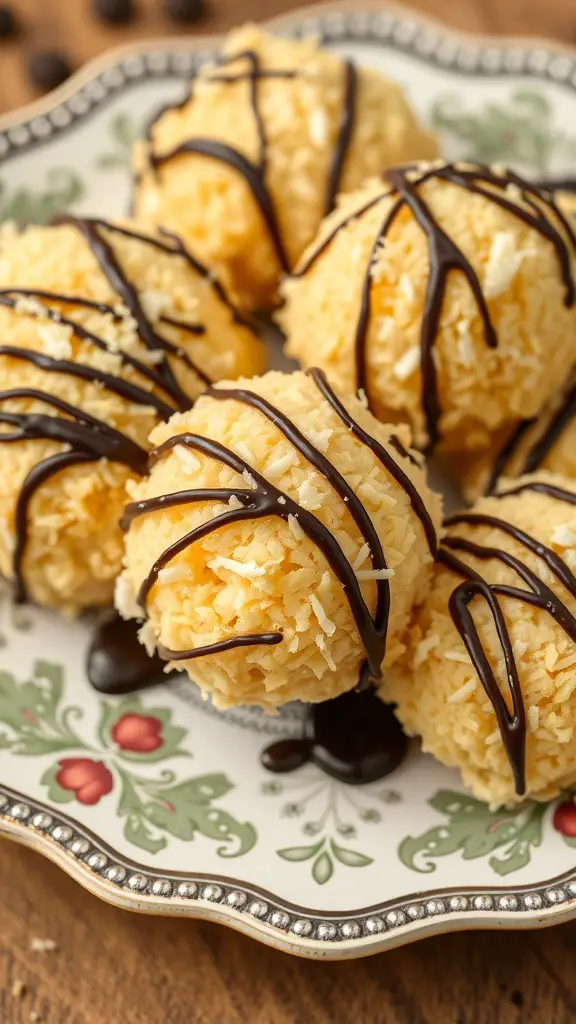 A plate of coconut macaroons drizzled with dark chocolate.