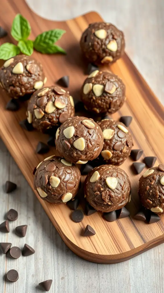 Mint Chocolate Chip Energy Bites on a wooden platter with chocolate chips scattered around
