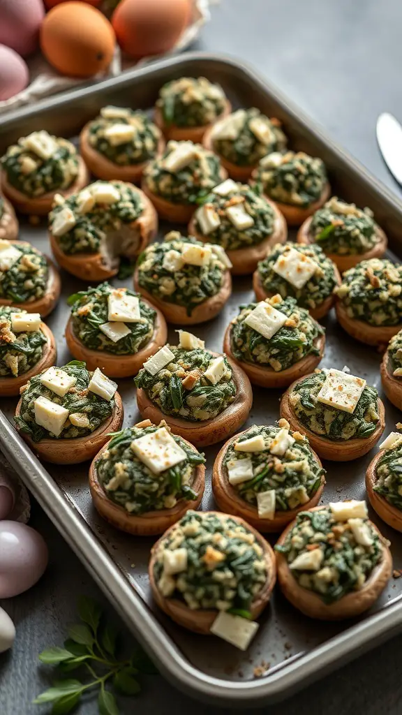 A tray of spinach and feta stuffed mushrooms, topped with feta cheese, ready to be served.