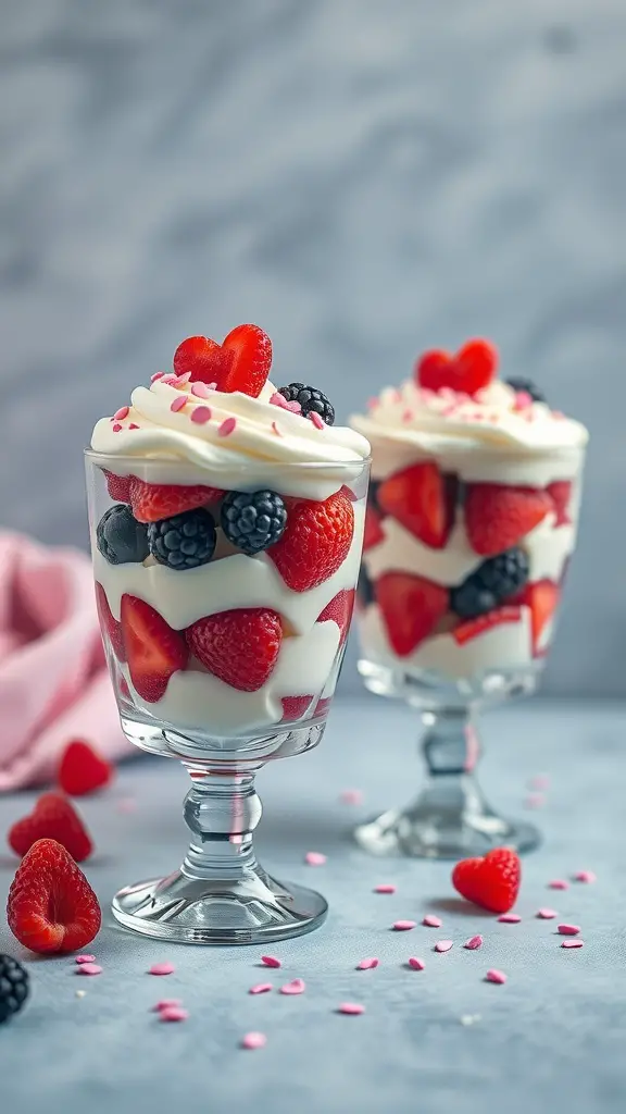 Two parfait glasses filled with layers of strawberries, blackberries, and whipped cream, topped with heart-shaped sprinkles.