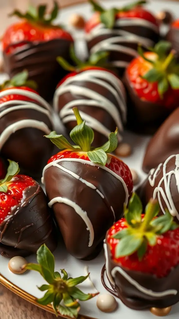 A plate of chocolate-dipped strawberries with white chocolate drizzle and fresh green leaves.