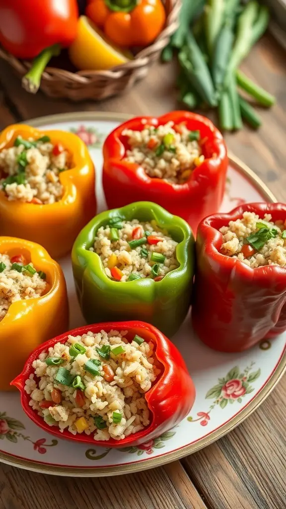 A plate of colorful stuffed bell peppers filled with rice and vegetables.