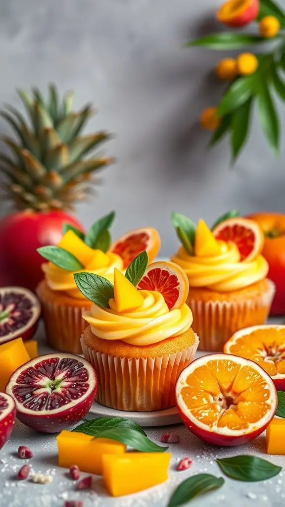 Mango Passionfruit Cupcakes with tropical fruits