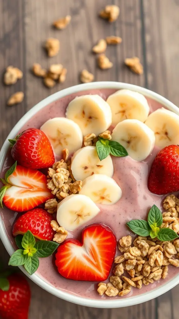 A delicious strawberry banana smoothie bowl topped with sliced bananas, strawberries, and granola.