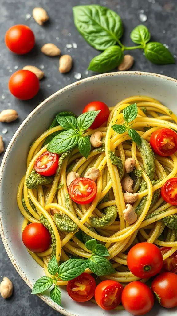 A bowl of zucchini noodles with pesto, cherry tomatoes, and cashews garnished with fresh basil.