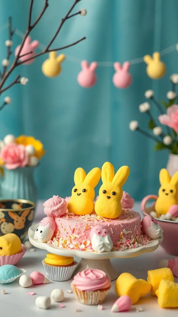 A colorful Easter dessert featuring a pink cake topped with yellow marshmallow Peeps and surrounded by various candies.