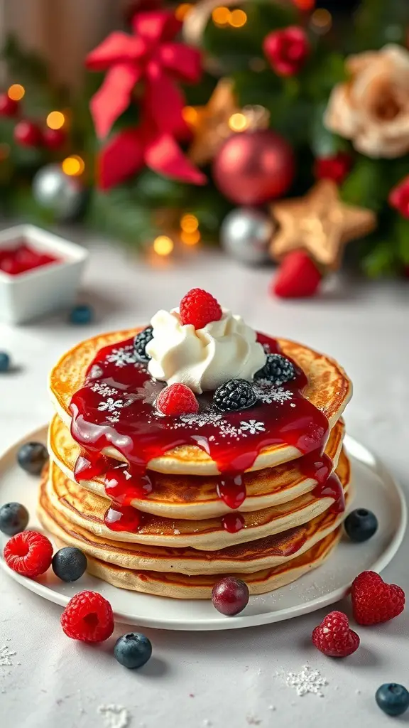 Stack of heart-shaped pancakes topped with berry compote and whipped cream, surrounded by fresh berries.