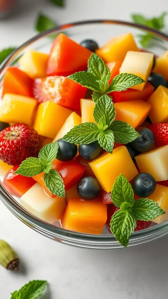 A colorful fruit salad with strawberries, mango, blueberries, and mint leaves in a glass bowl.