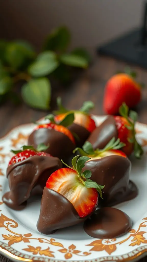 A plate of chocolate-dipped strawberries with a few strawberries in the background.